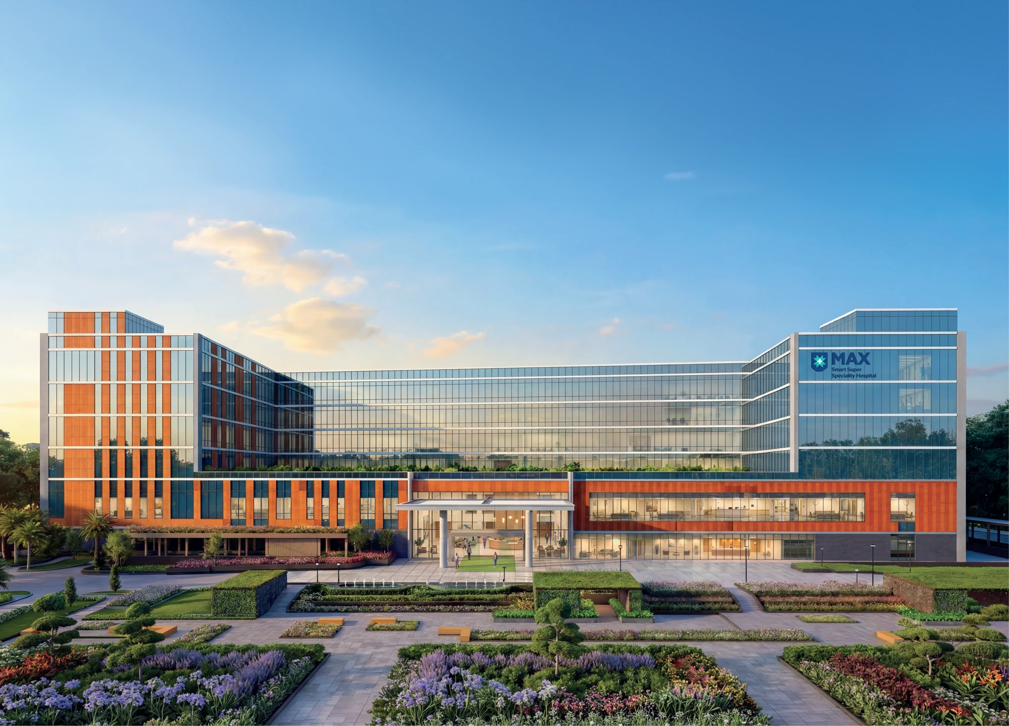 Max Smart Super Speciality Hospital — exterior view of the hospital building and gardens (official image)